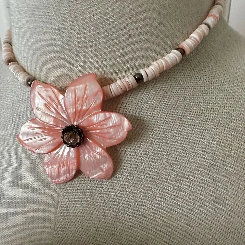 Sterling silver pink abalone flower beaded necklace